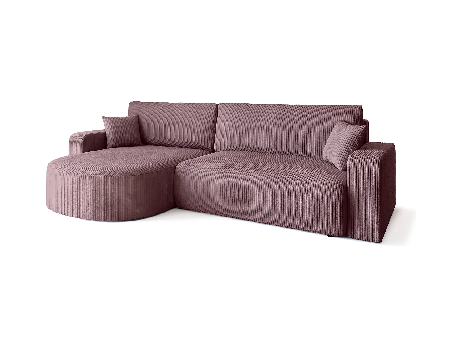 Grand canapé d'angle convertible, en velours côtelé rose poudré BISK
