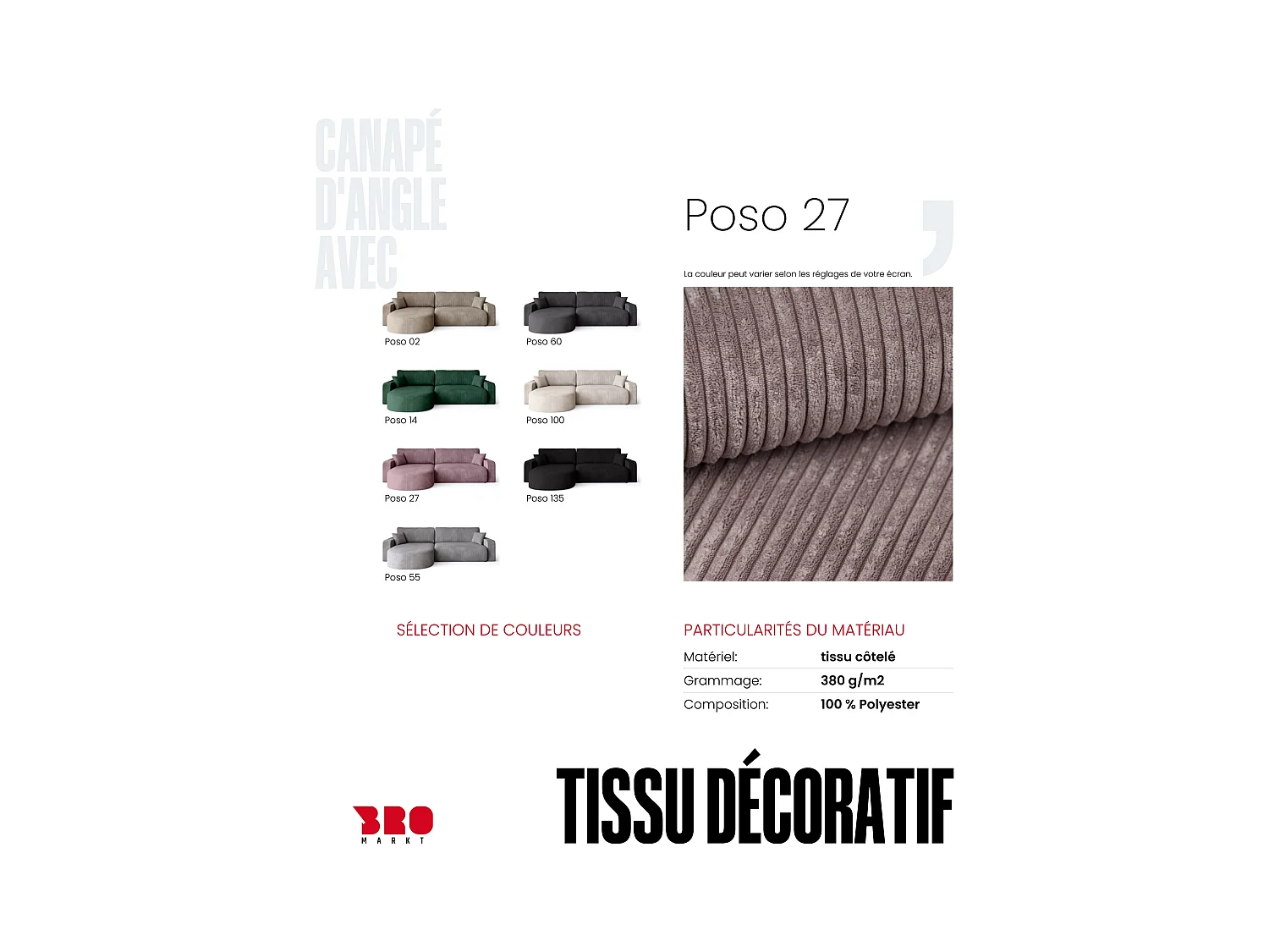 Grand canapé d'angle convertible, en velours côtelé rose poudré BISK