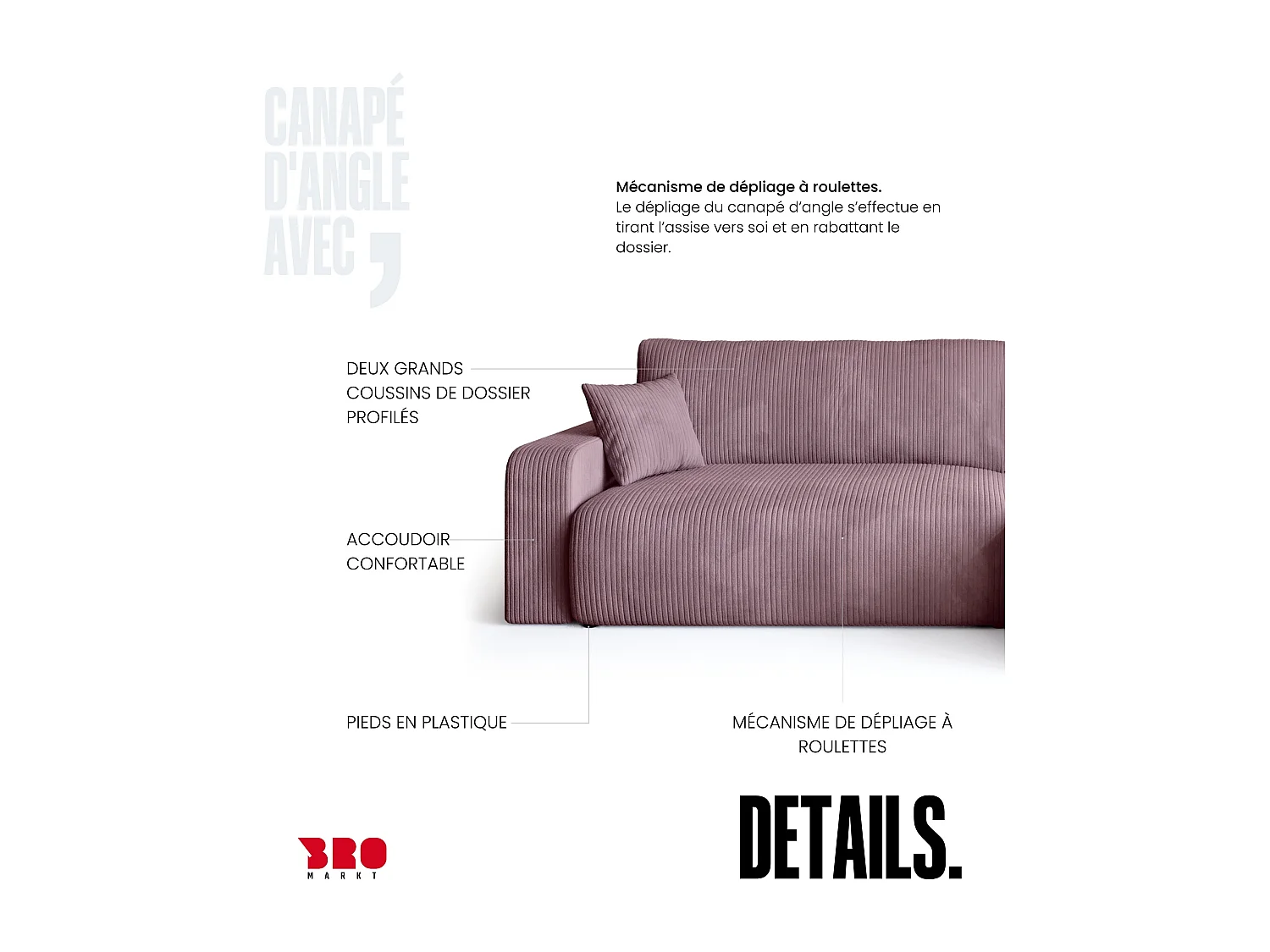 Grand canapé d'angle convertible, en velours côtelé rose poudré BISK