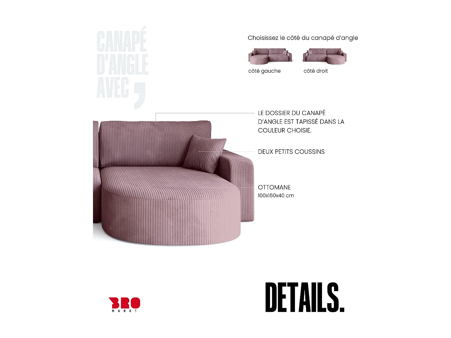 Grand canapé d'angle convertible, en velours côtelé rose poudré BISK