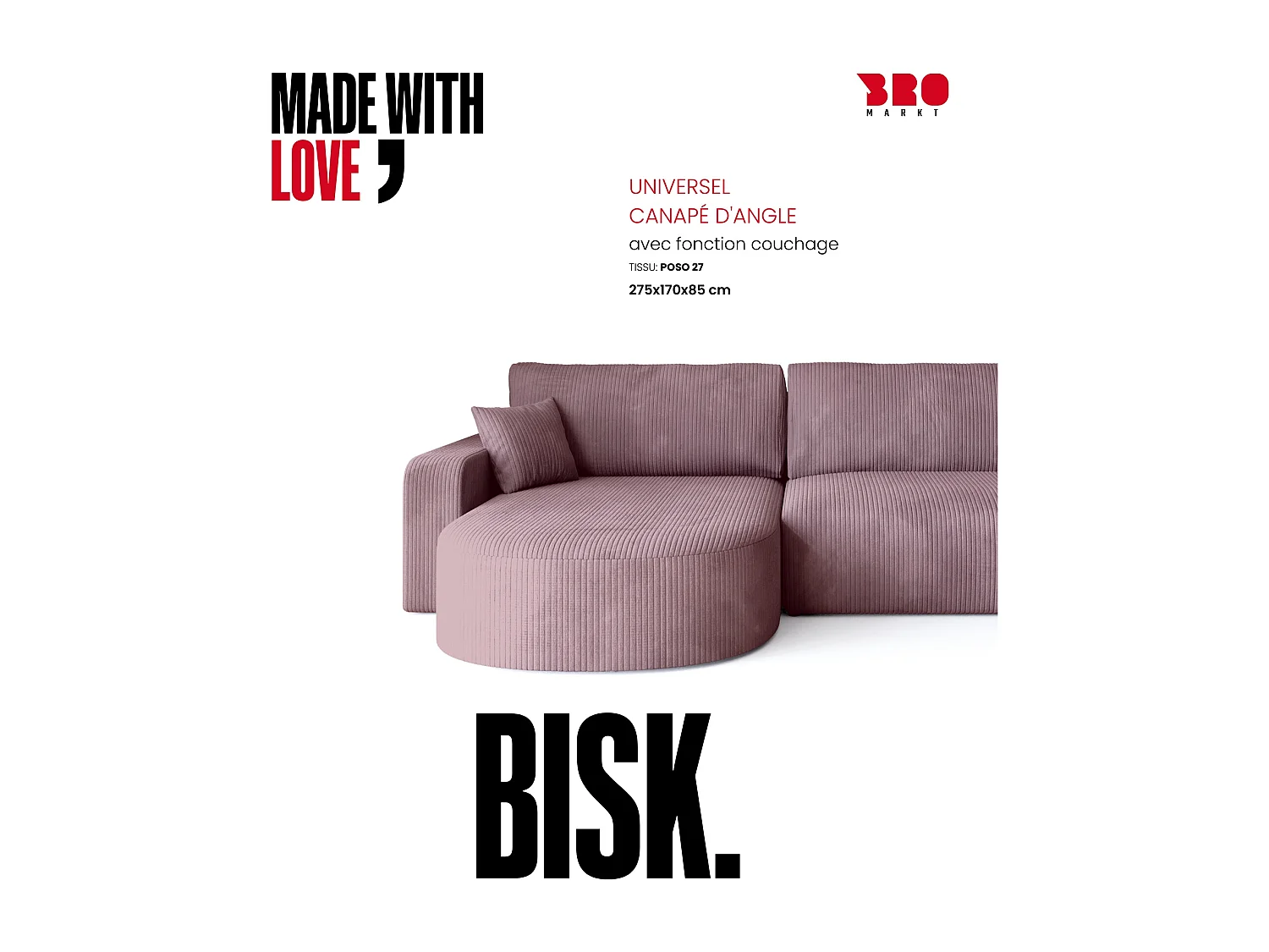 Grand canapé d'angle convertible, en velours côtelé rose poudré BISK