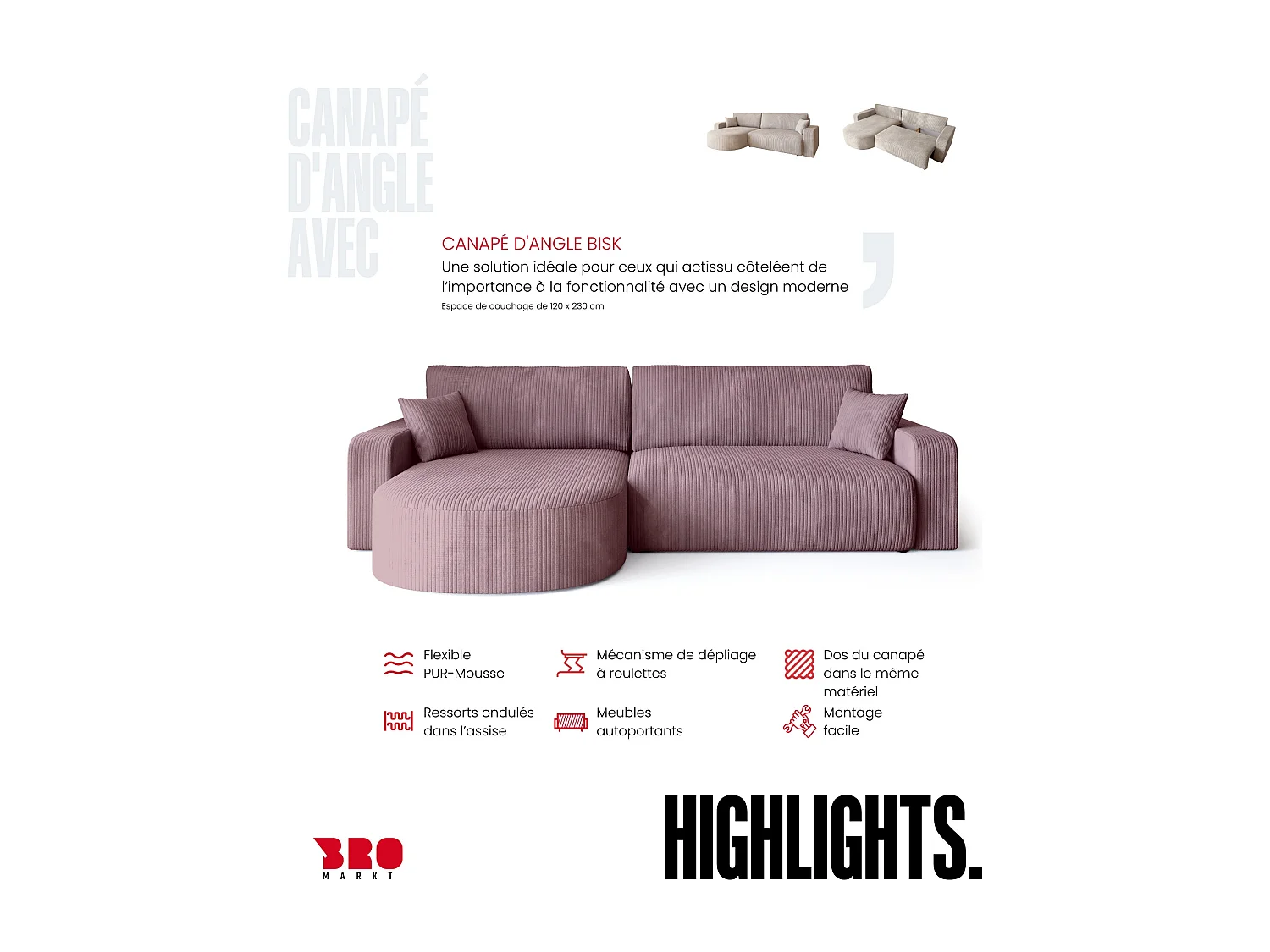 Grand canapé d'angle convertible, en velours côtelé rose poudré BISK