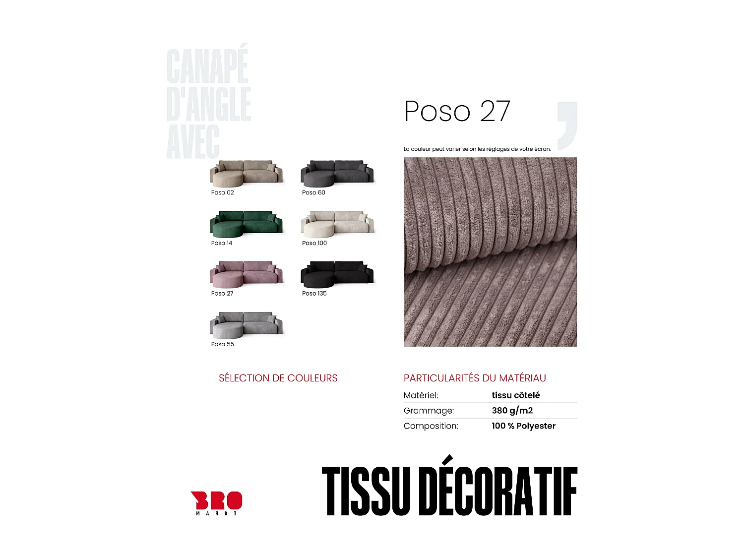 Grand canapé d'angle convertible, en velours côtelé rose poudré BISK