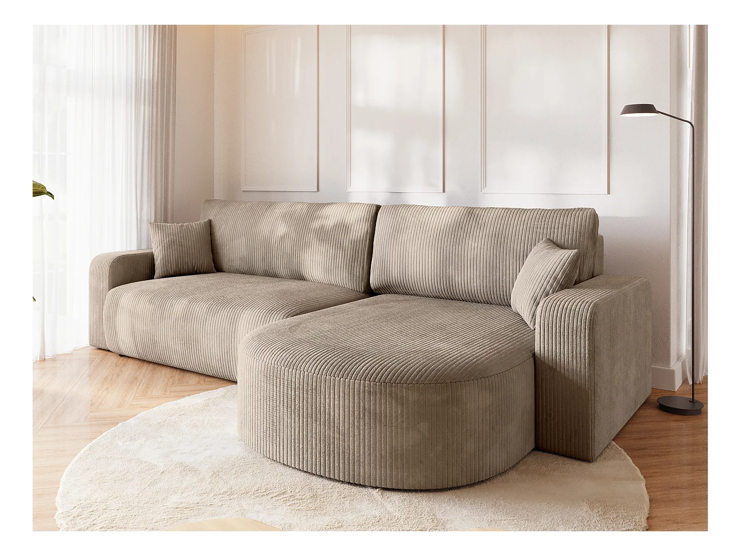 Grand canapé d'angle convertible, en velours côtelé beige BISK