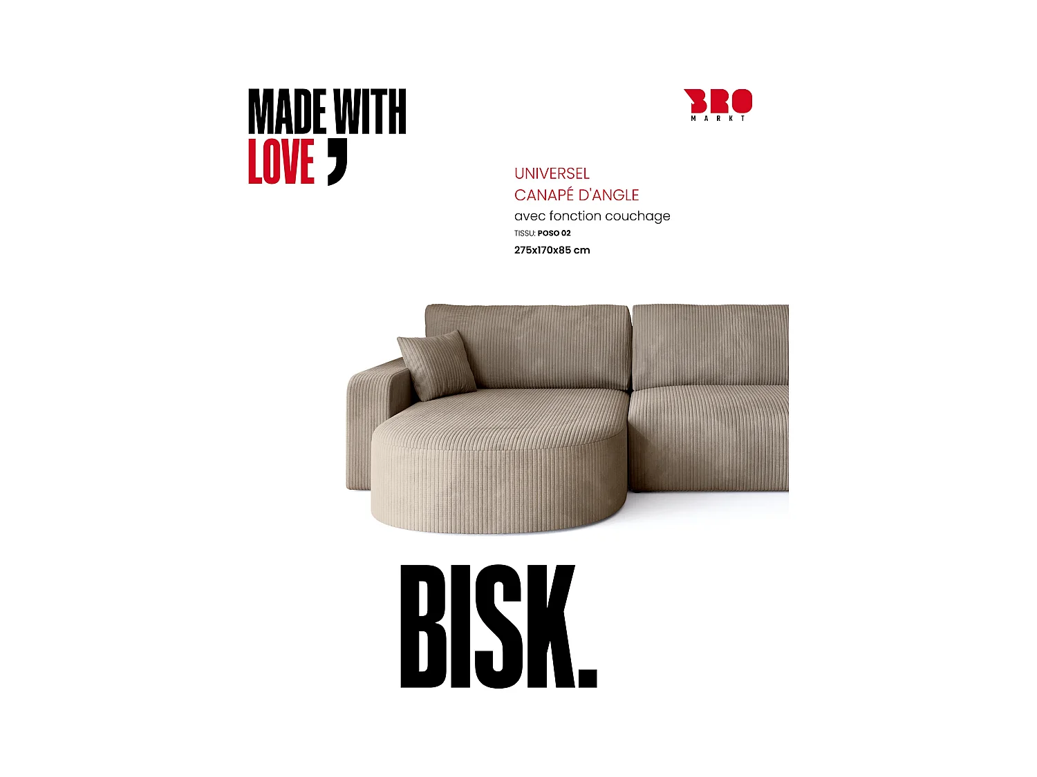 Grand canapé d'angle convertible, en velours côtelé beige BISK