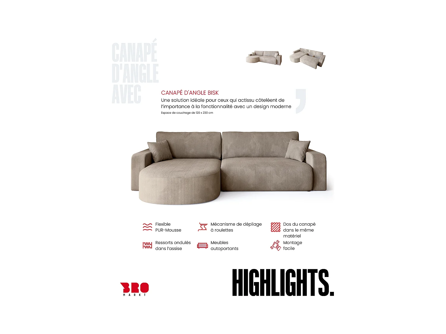 Grand canapé d'angle convertible, en velours côtelé beige BISK