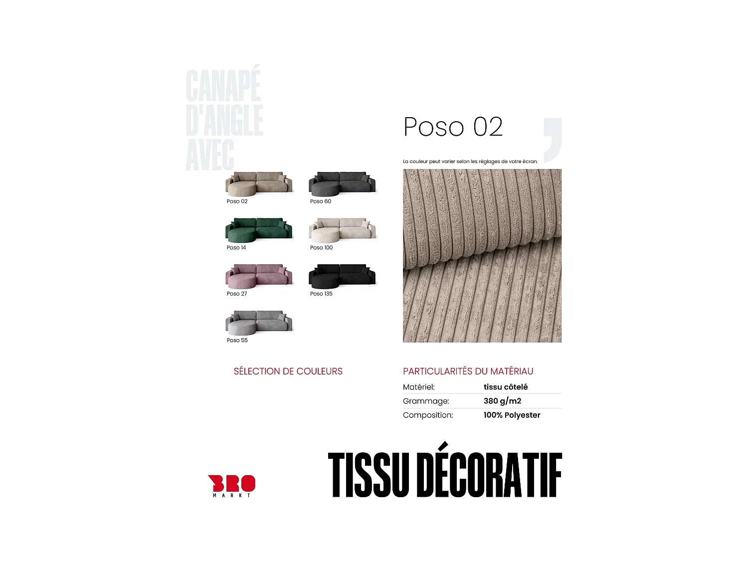 Grand canapé d'angle convertible, en velours côtelé beige BISK