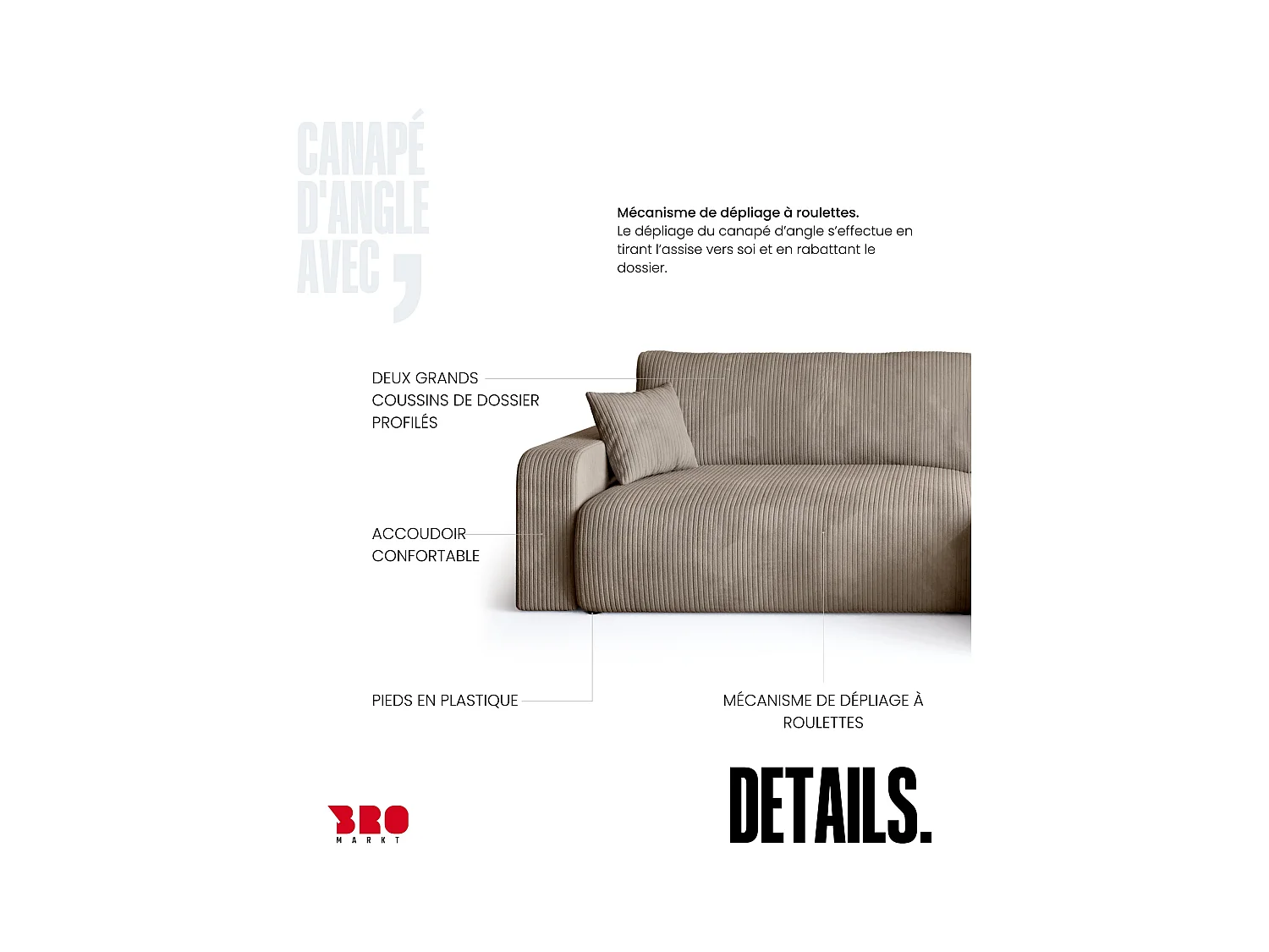 Grand canapé d'angle convertible, en velours côtelé beige BISK