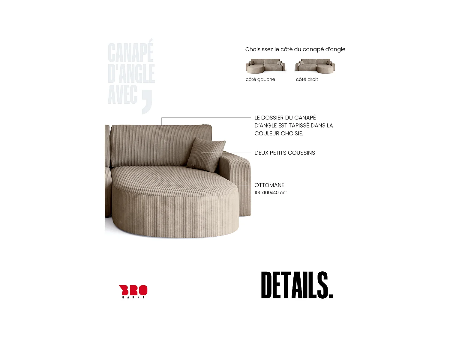 Grand canapé d'angle convertible, en velours côtelé beige BISK