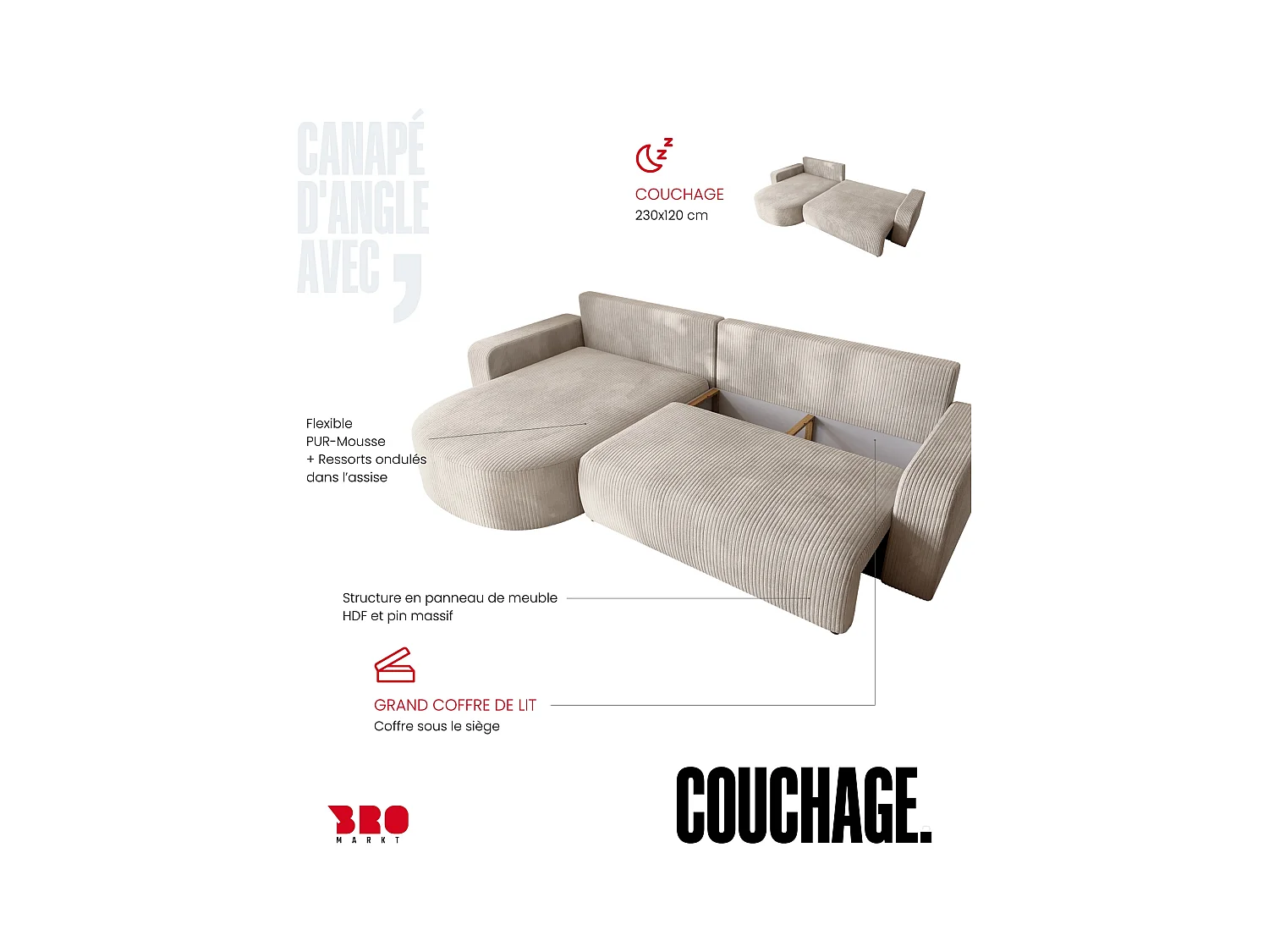 Grand canapé d'angle convertible, en velours côtelé beige BISK