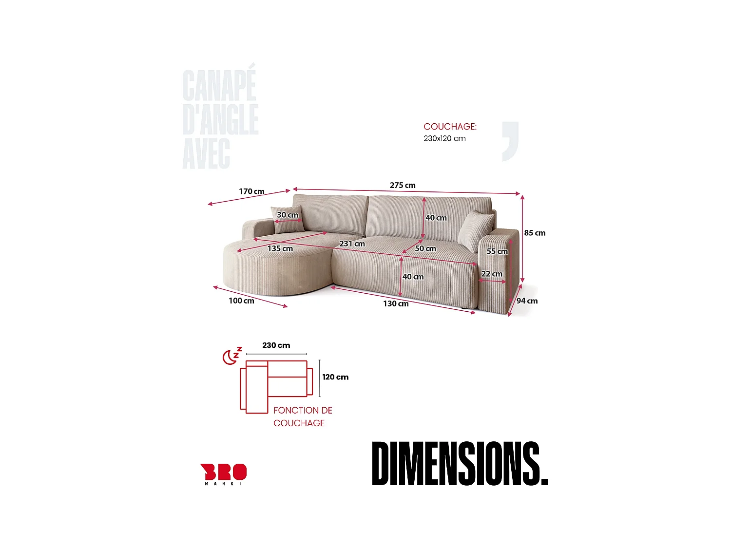 Grand canapé d'angle convertible, en velours côtelé beige BISK