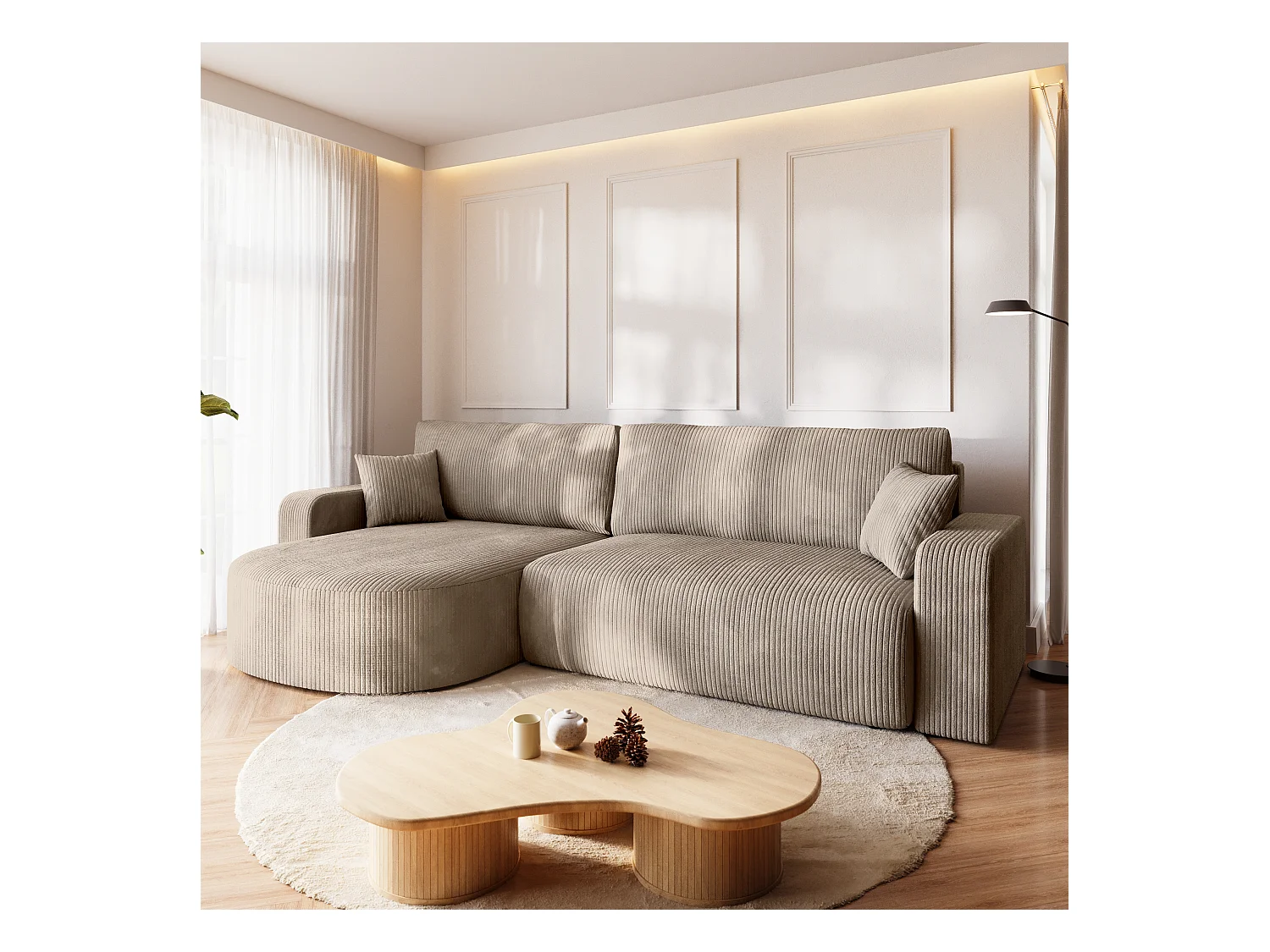 Grand canapé d'angle convertible, en velours côtelé beige BISK