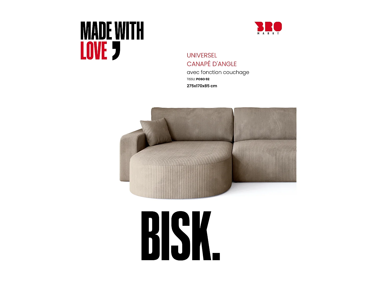 Grand canapé d'angle convertible, en velours côtelé beige BISK