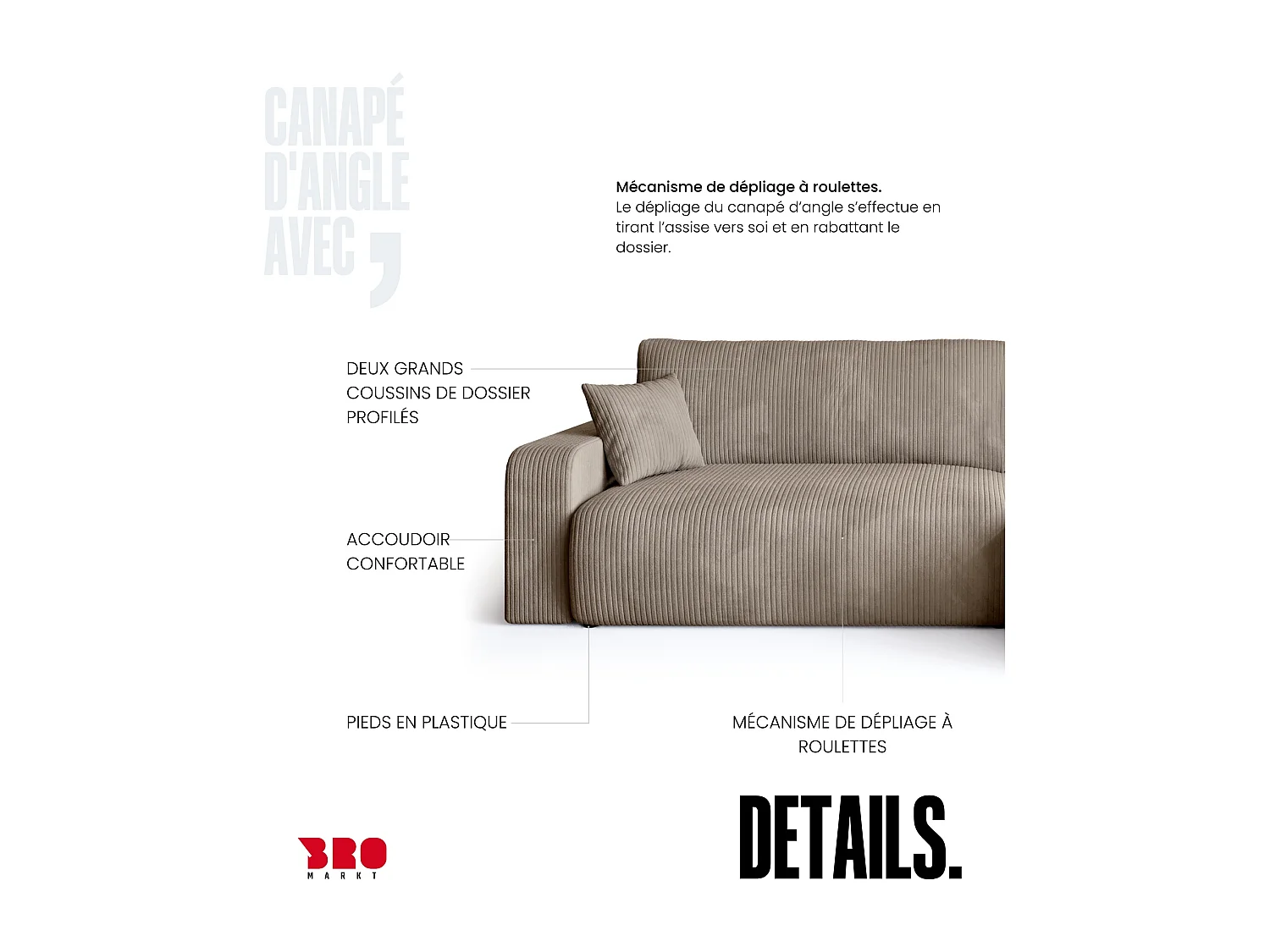 Grand canapé d'angle convertible, en velours côtelé beige BISK