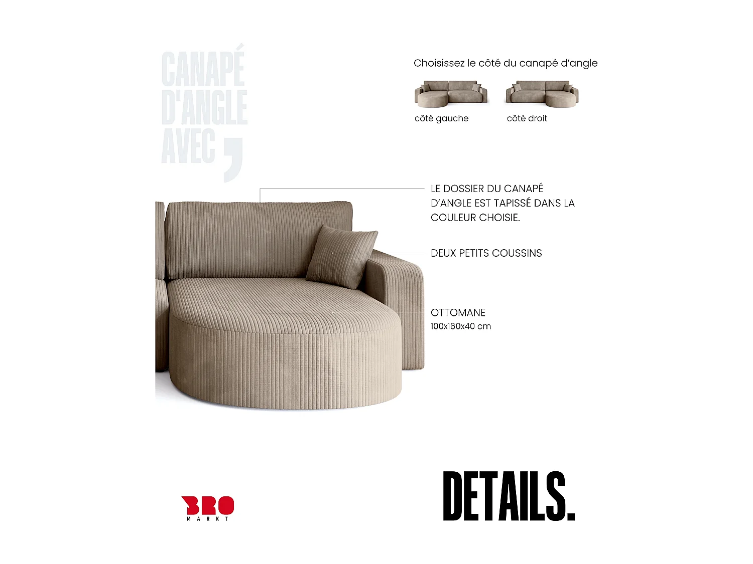 Grand canapé d'angle convertible, en velours côtelé beige BISK