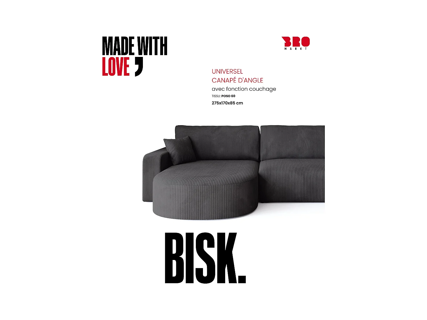 Grand canapé d'angle convertible, en velours côtelé gris BISK