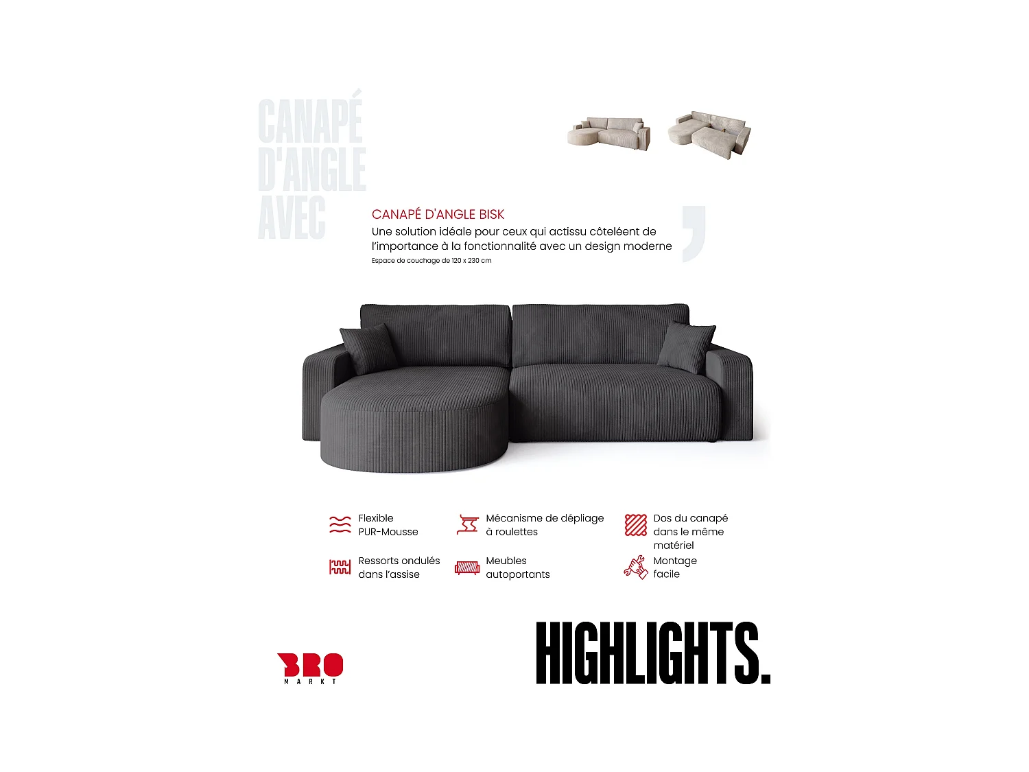 Grand canapé d'angle convertible, en velours côtelé gris BISK