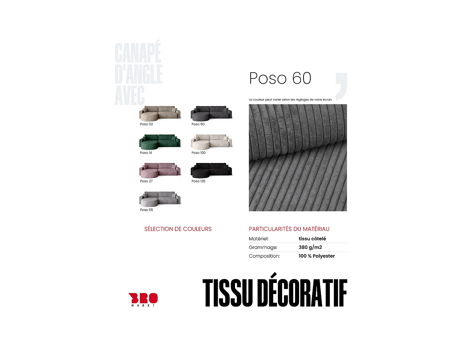 Grand canapé d'angle convertible, en velours côtelé gris BISK