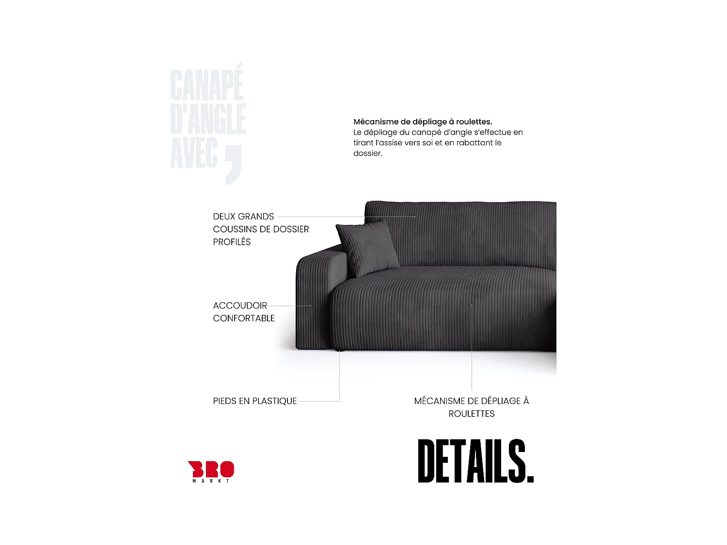 Grand canapé d'angle convertible, en velours côtelé gris BISK