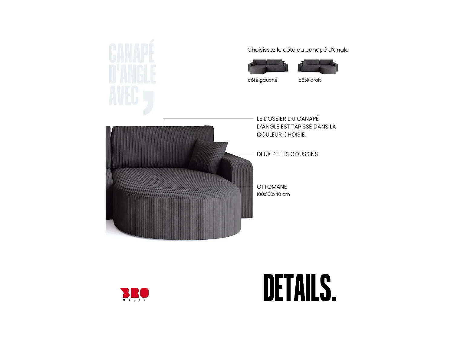 Grand canapé d'angle convertible, en velours côtelé gris BISK