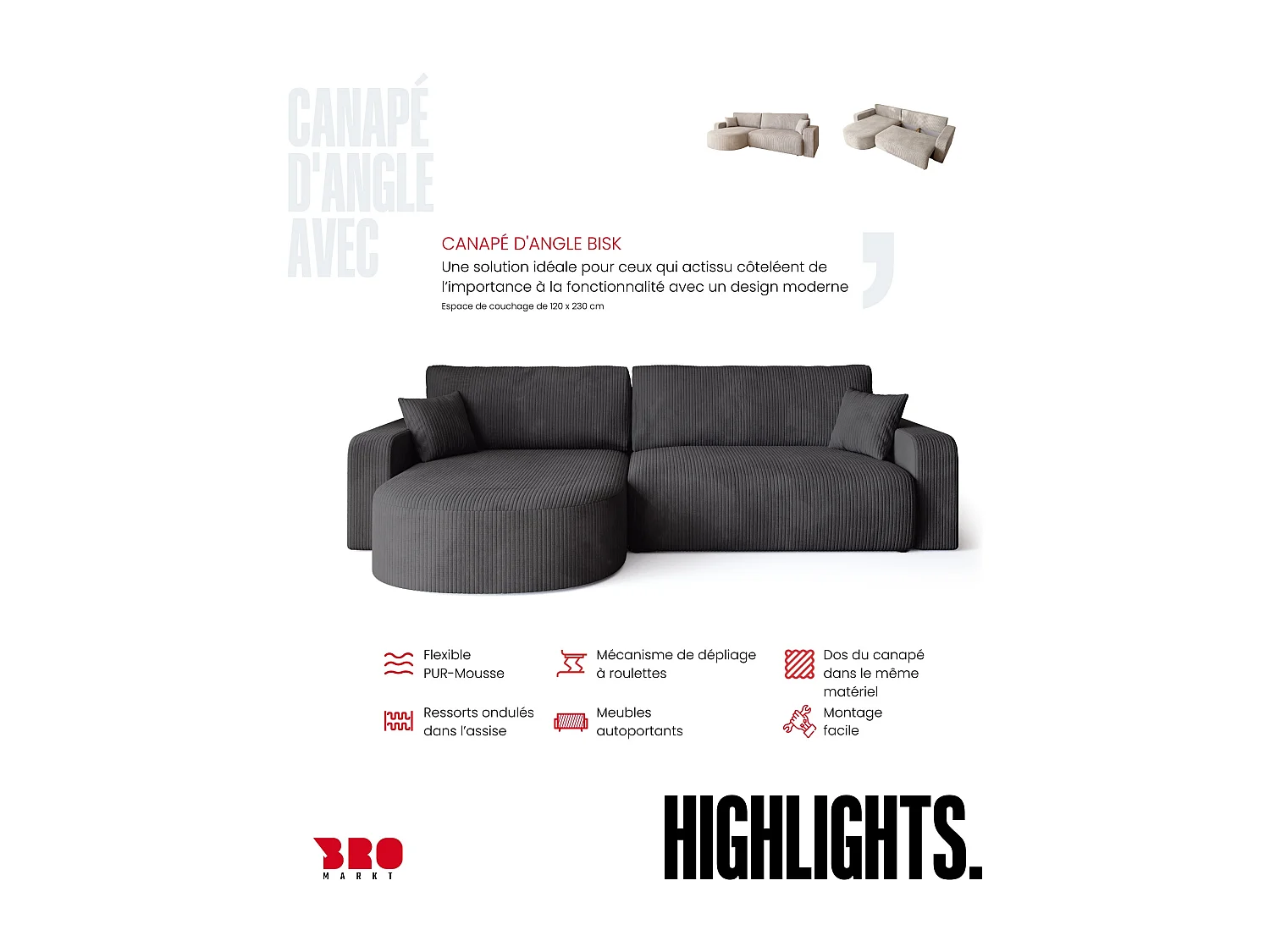 Grand canapé d'angle convertible, en velours côtelé gris BISK