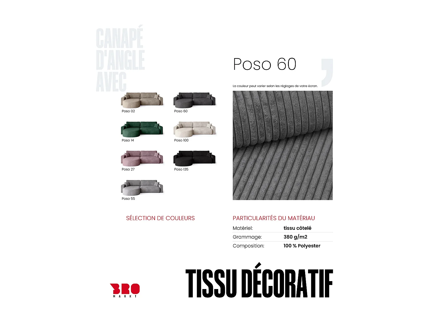 Grand canapé d'angle convertible, en velours côtelé gris BISK