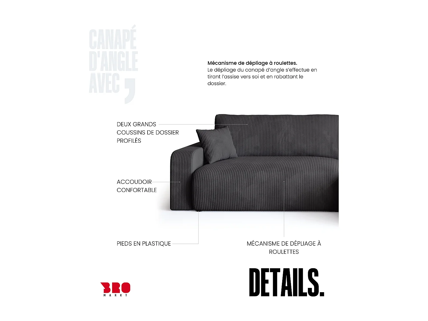 Grand canapé d'angle convertible, en velours côtelé gris BISK