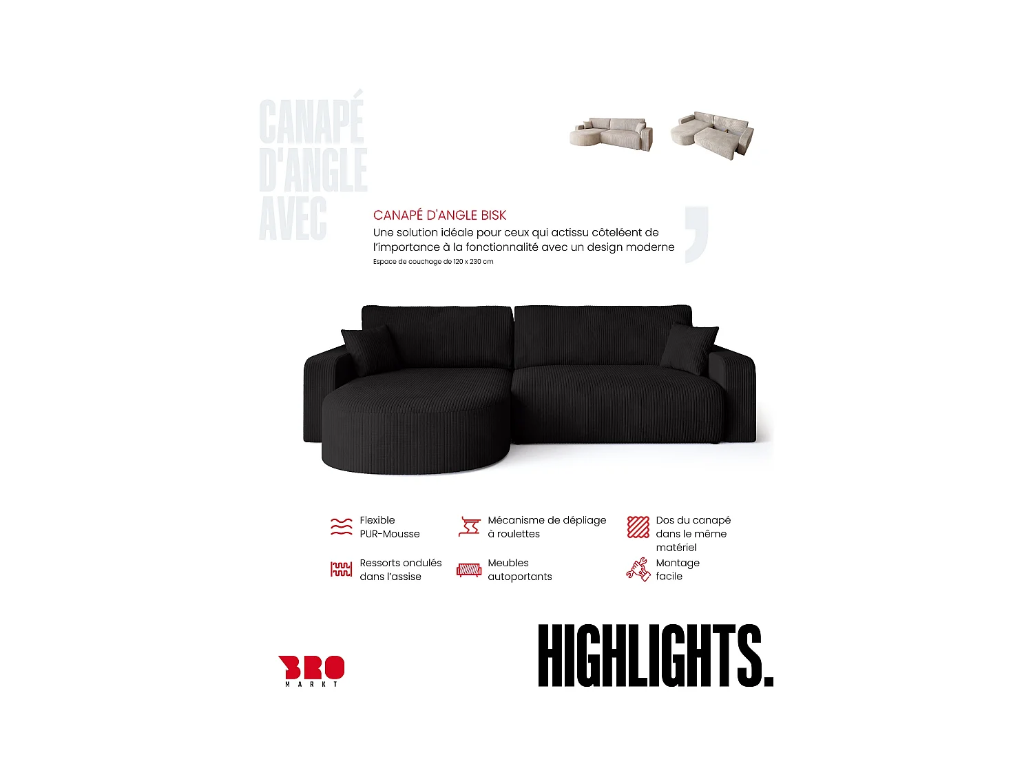 Grand canapé d'angle convertible, en velours côtelé noir BISK