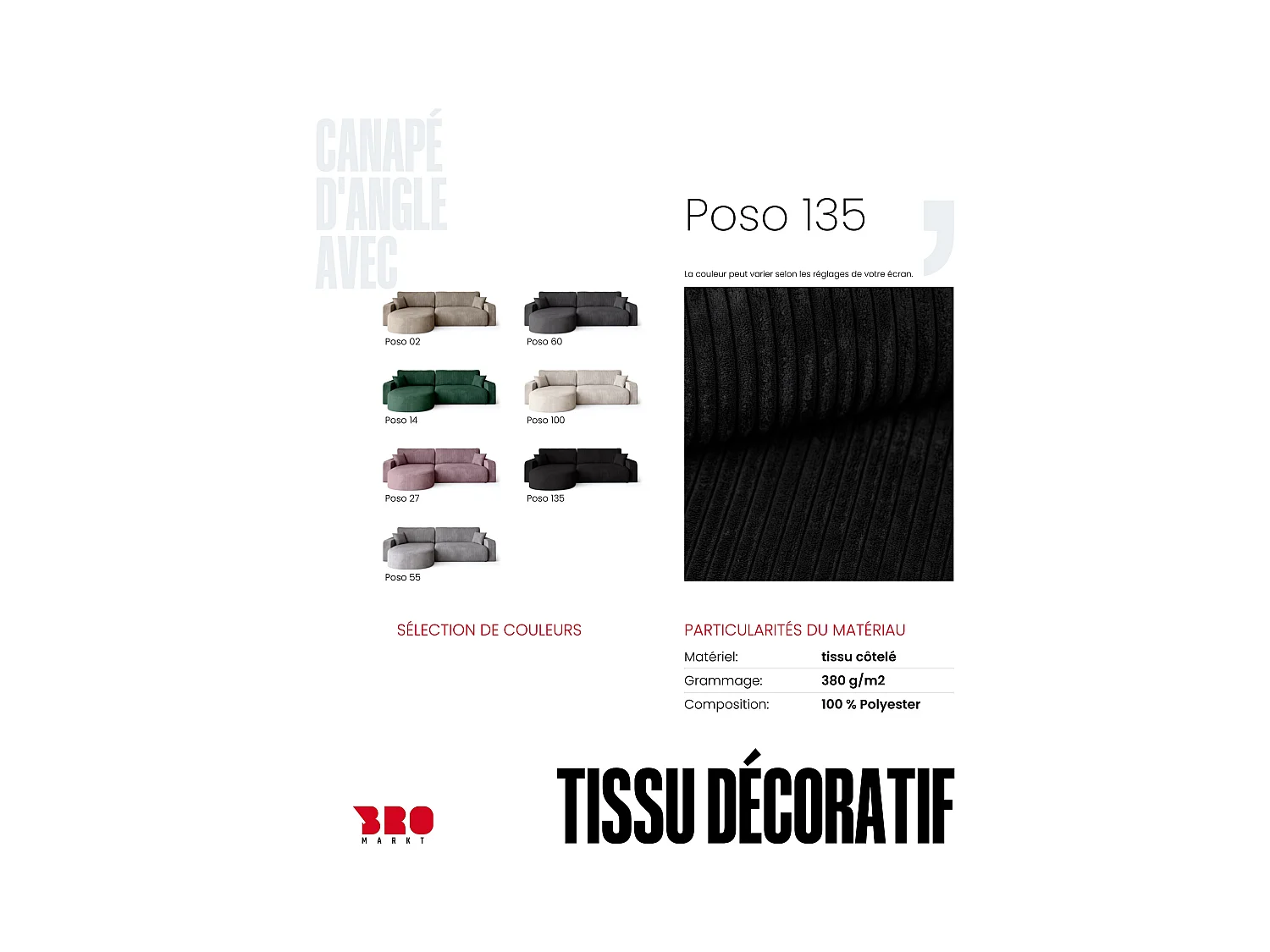 Grand canapé d'angle convertible, en velours côtelé noir BISK