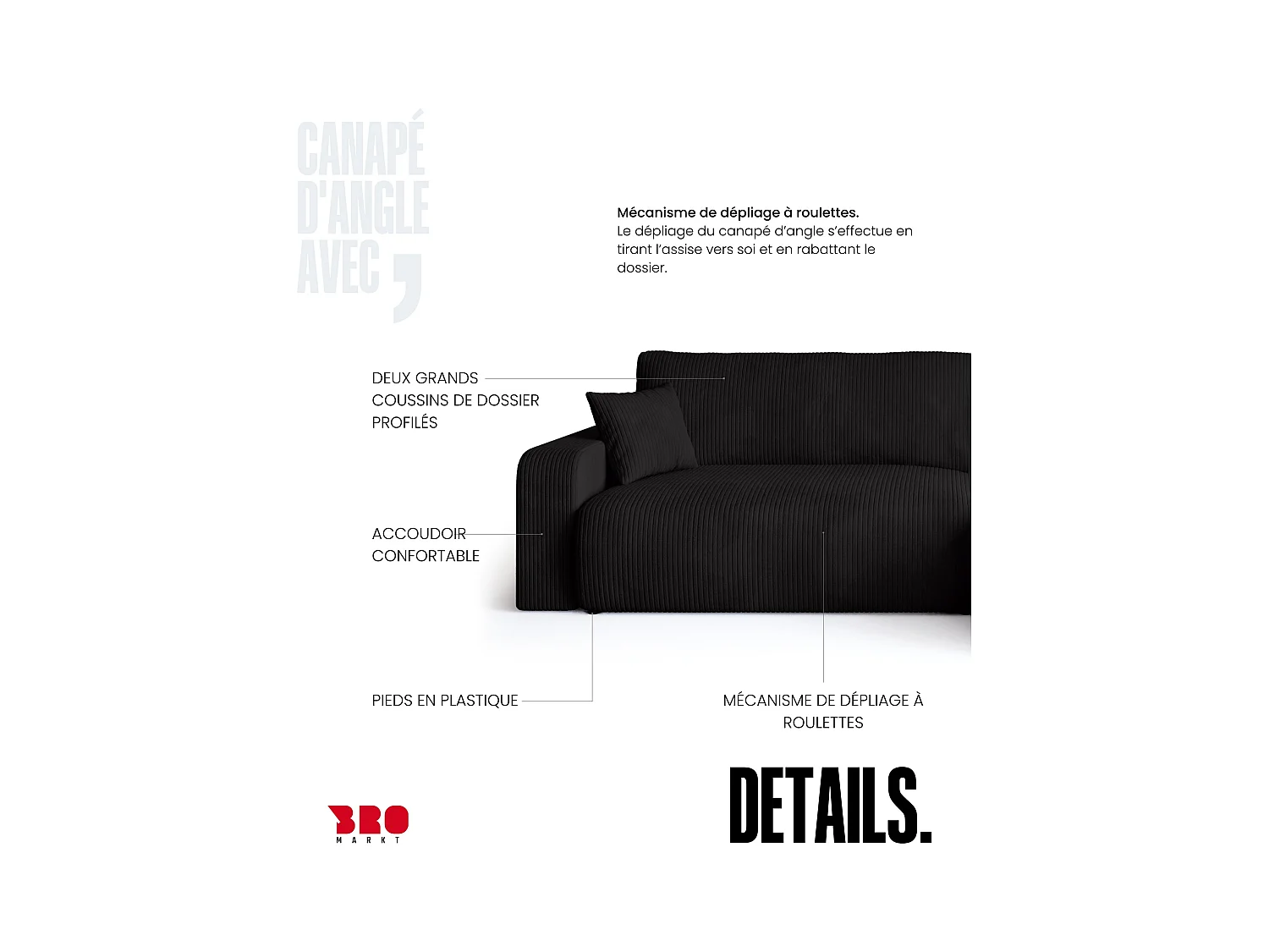 Grand canapé d'angle convertible, en velours côtelé noir BISK