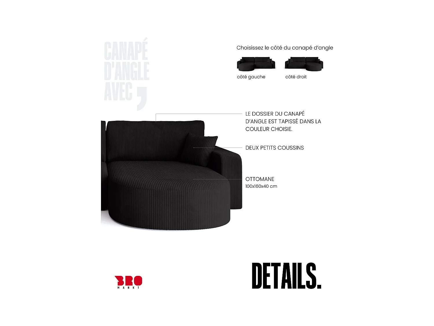 Grand canapé d'angle convertible, en velours côtelé noir BISK