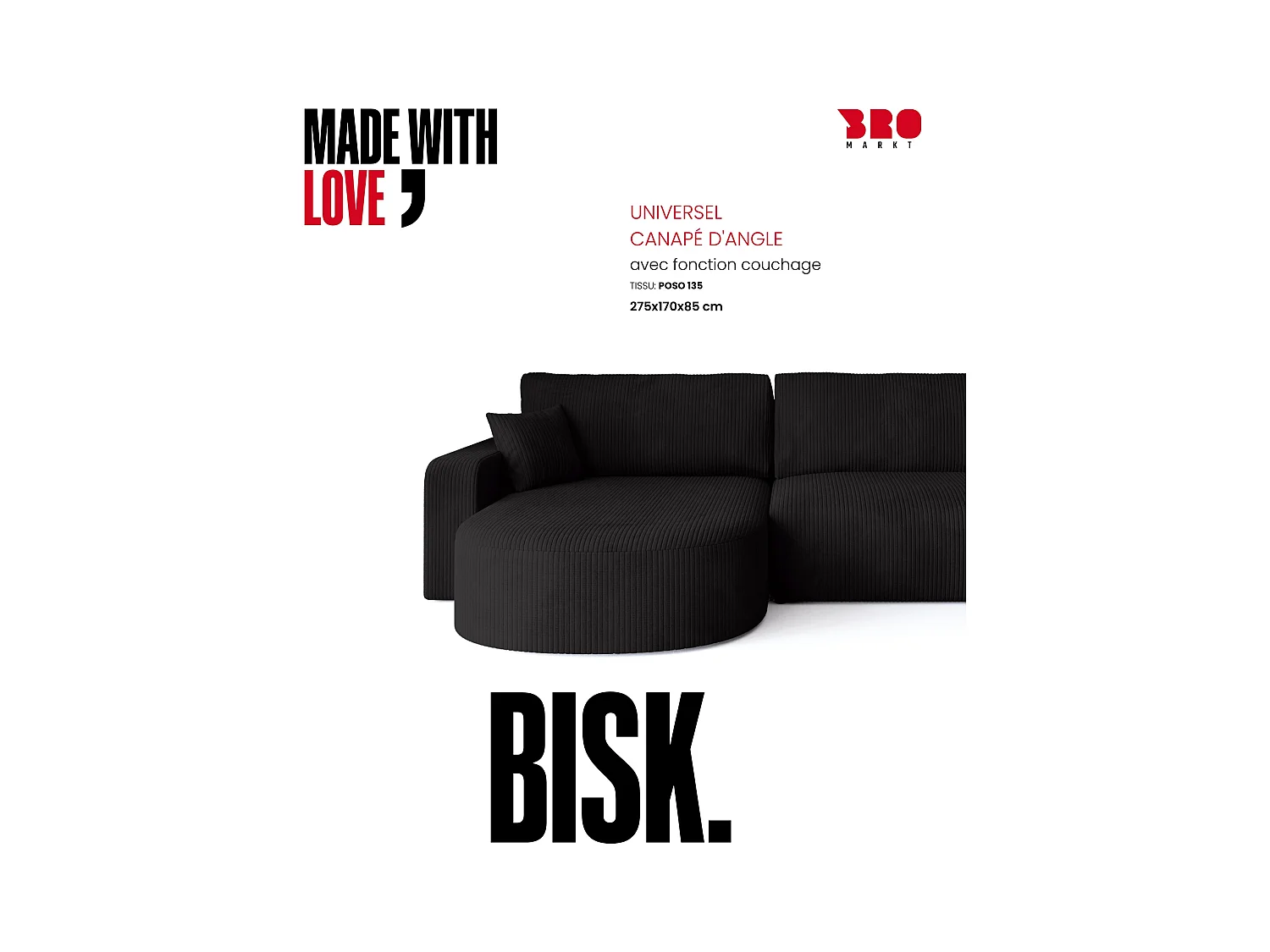 Grand canapé d'angle convertible, en velours côtelé noir BISK