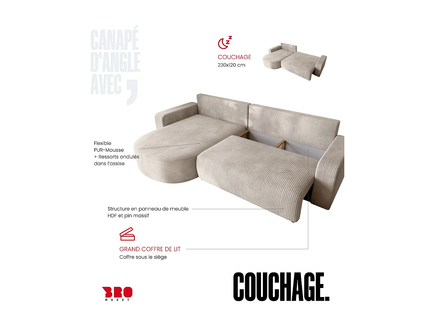 Grand canapé d'angle convertible, en velours côtelé noir BISK