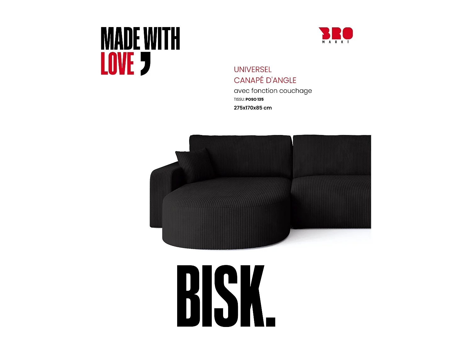 Grand canapé d'angle convertible, en velours côtelé noir BISK