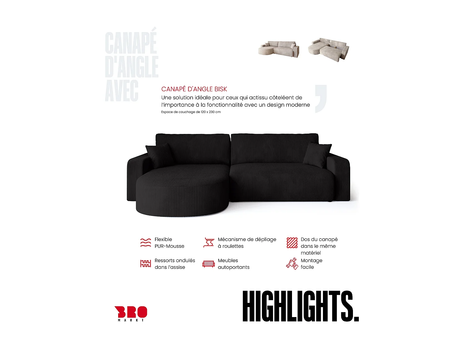 Grand canapé d'angle convertible, en velours côtelé noir BISK