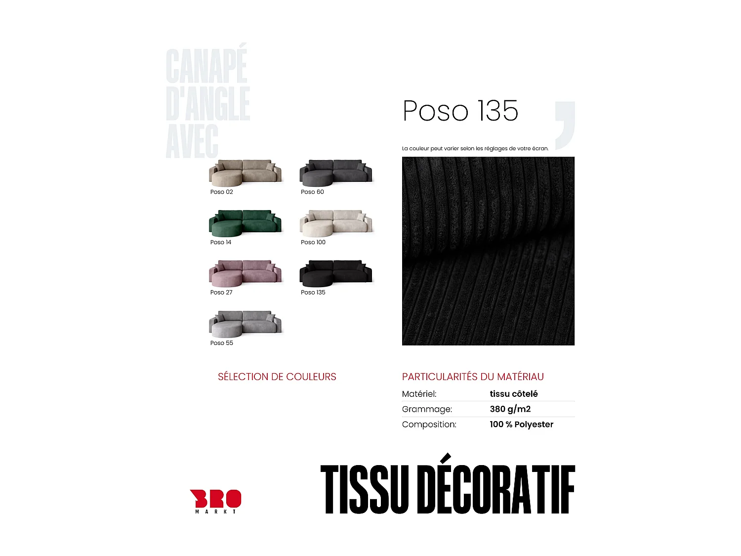 Grand canapé d'angle convertible, en velours côtelé noir BISK