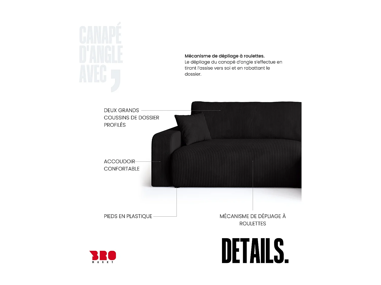 Grand canapé d'angle convertible, en velours côtelé noir BISK