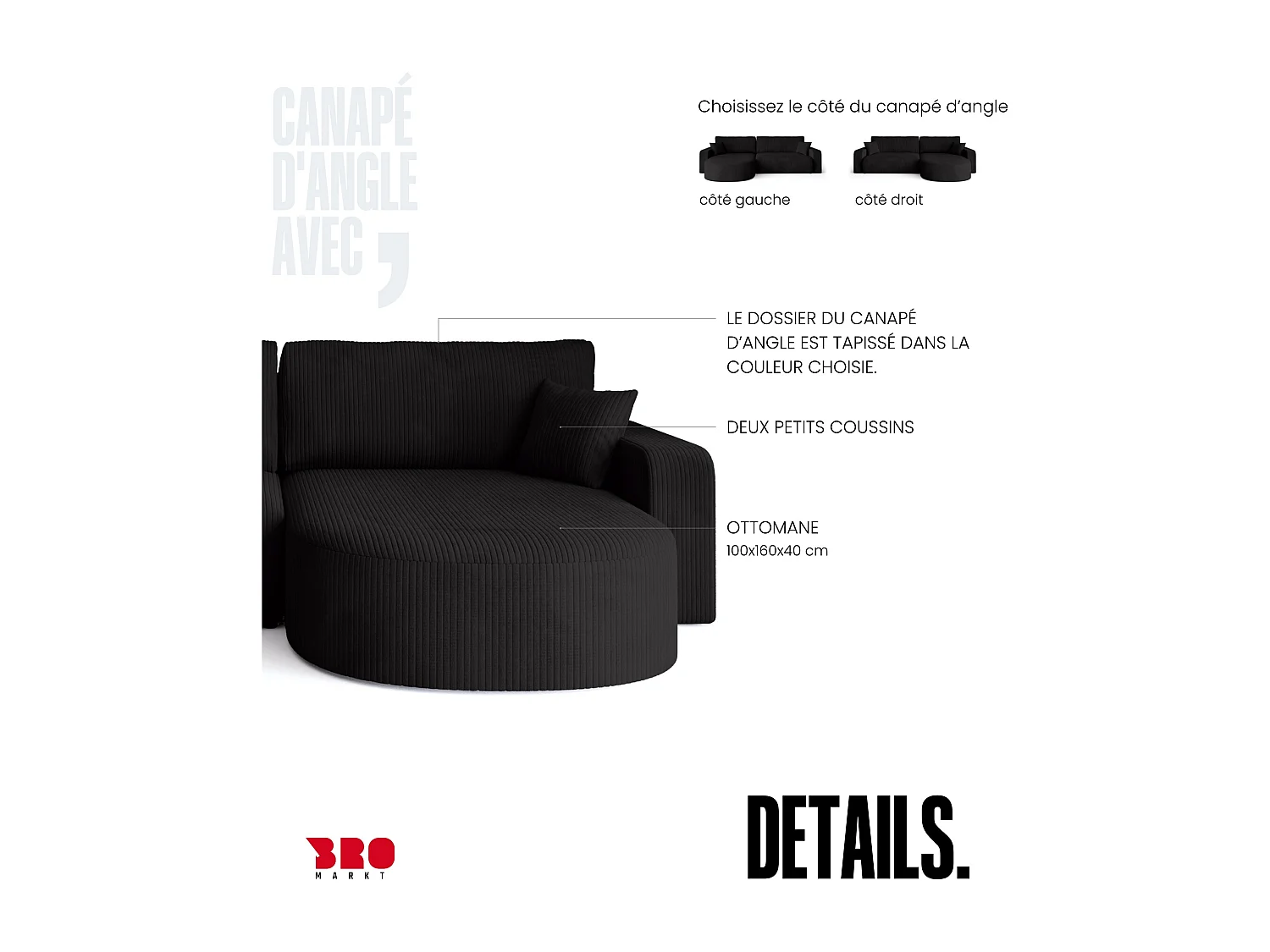 Grand canapé d'angle convertible, en velours côtelé noir BISK