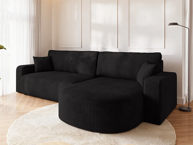 Grand canapé d'angle convertible, en velours côtelé noir BISK