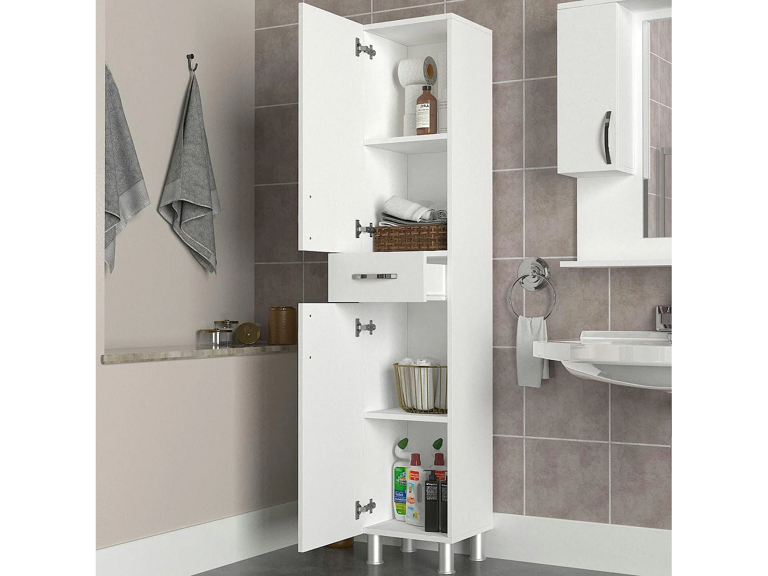 Colonne salle de bains blanche 2 portes, 1 tiroir JENA