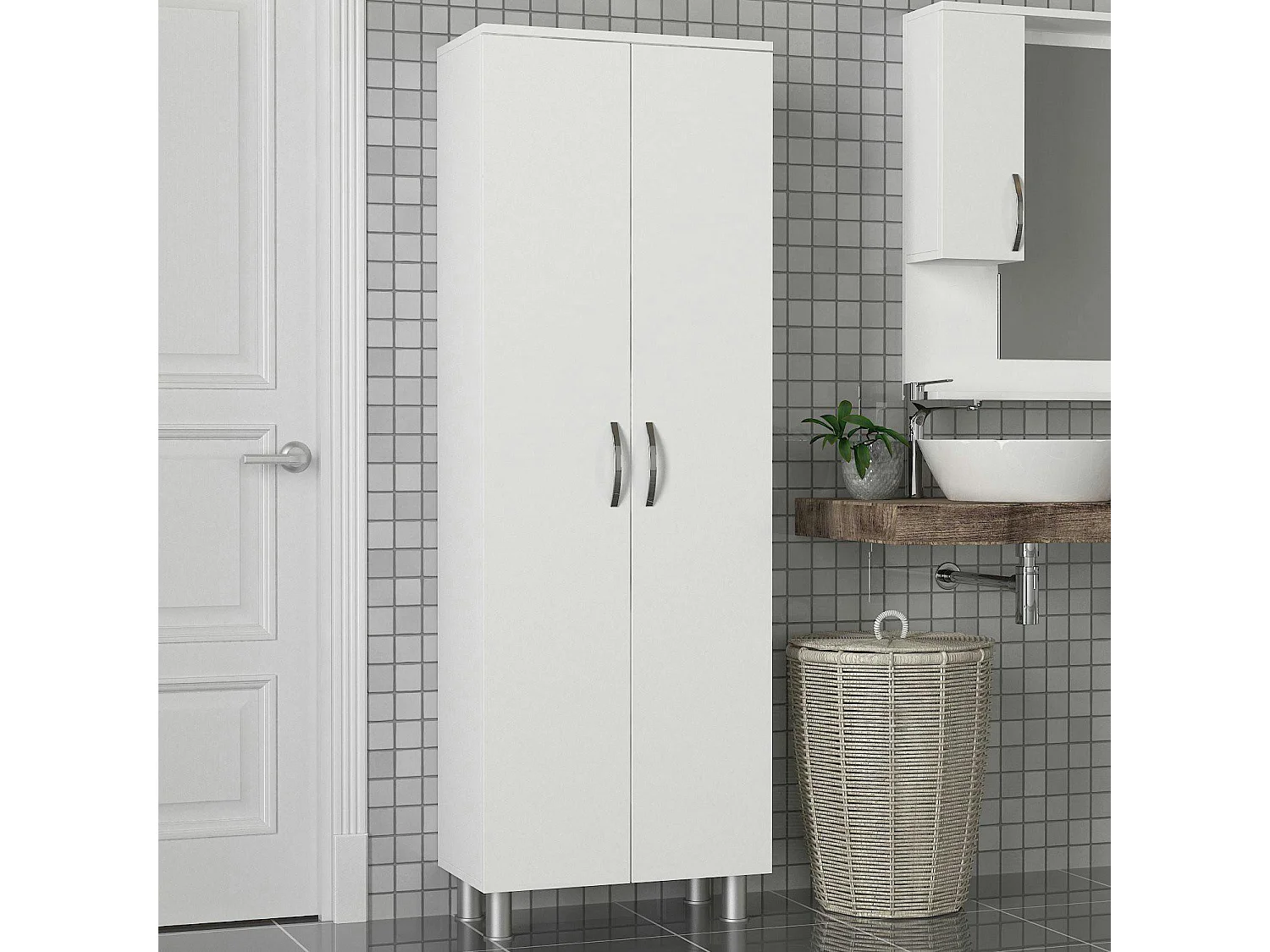 Meuble colonne salle de bains blanc 2 portes H 173, 6 cm JENA