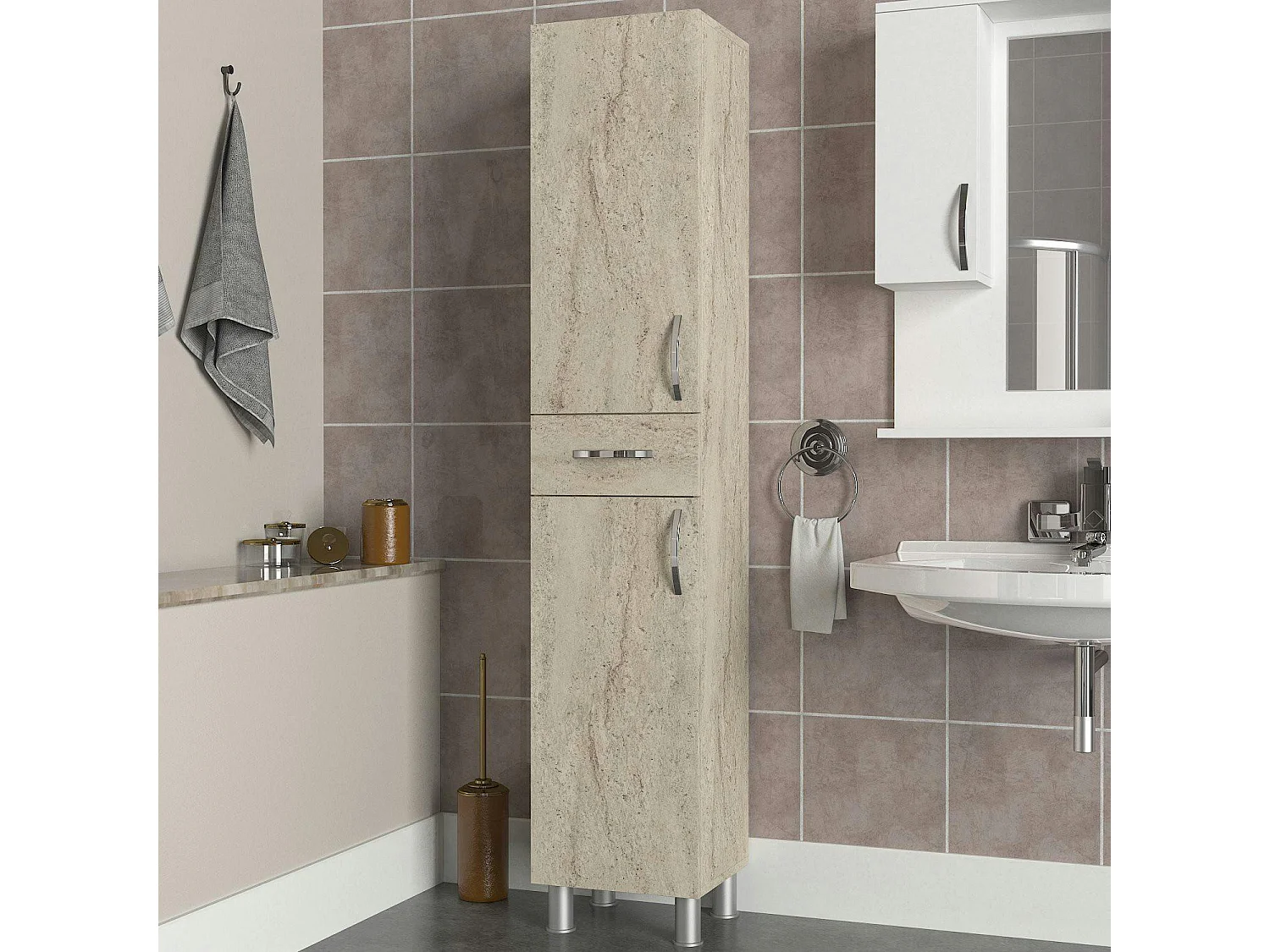 Colonne salle de bains effet travertin 2 portes JENA