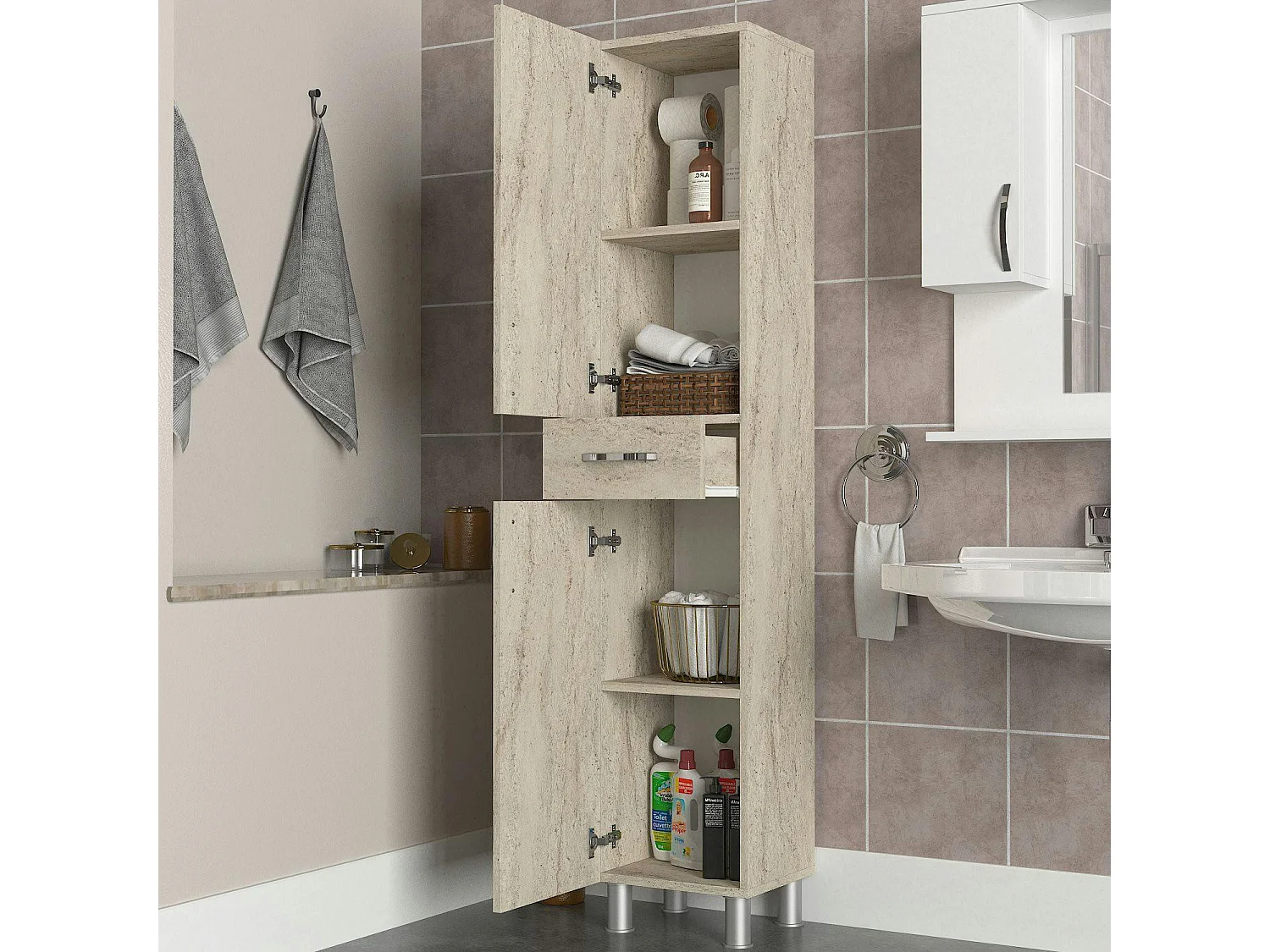 Colonne salle de bains effet travertin 2 portes JENA