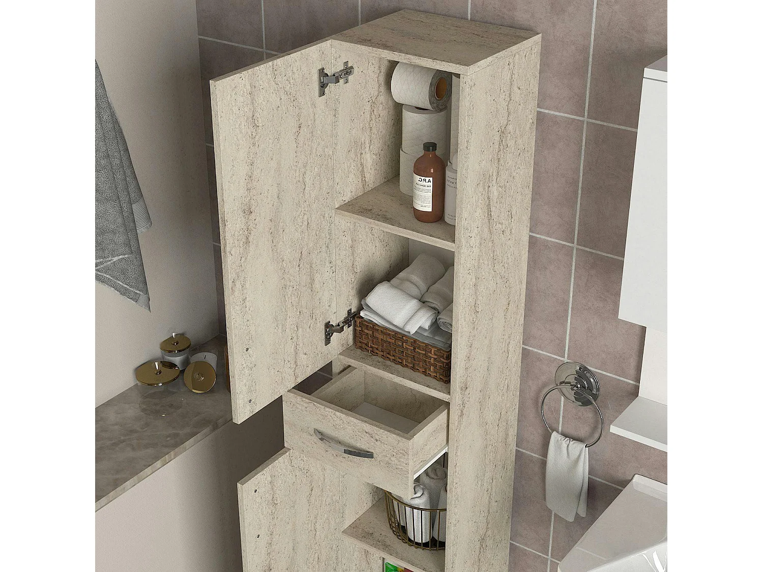 Colonne salle de bains effet travertin 2 portes JENA