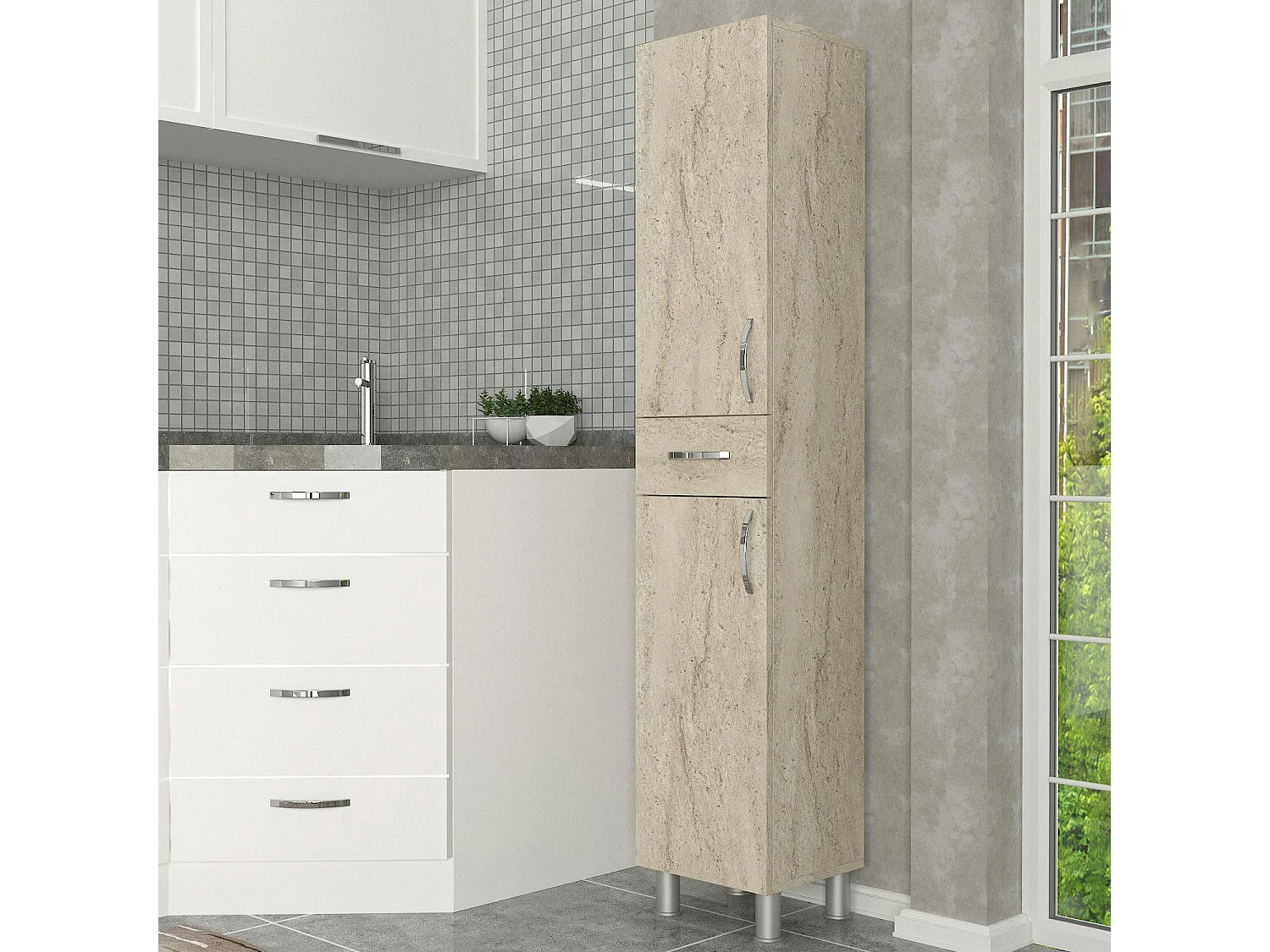 Colonne salle de bains effet travertin 2 portes JENA