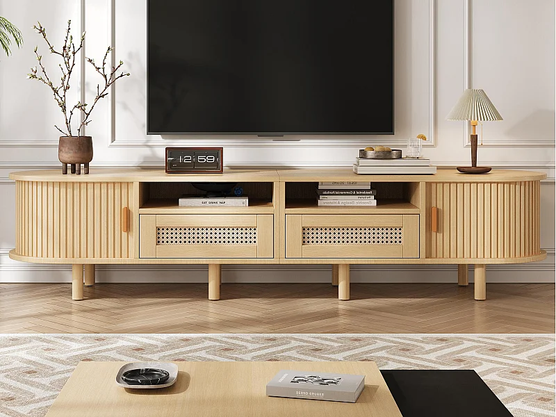 Meuble TV 170x40x40cm - avec 2 tiroirs en rotin - 2 portes coulissantes - MDF - Naturel