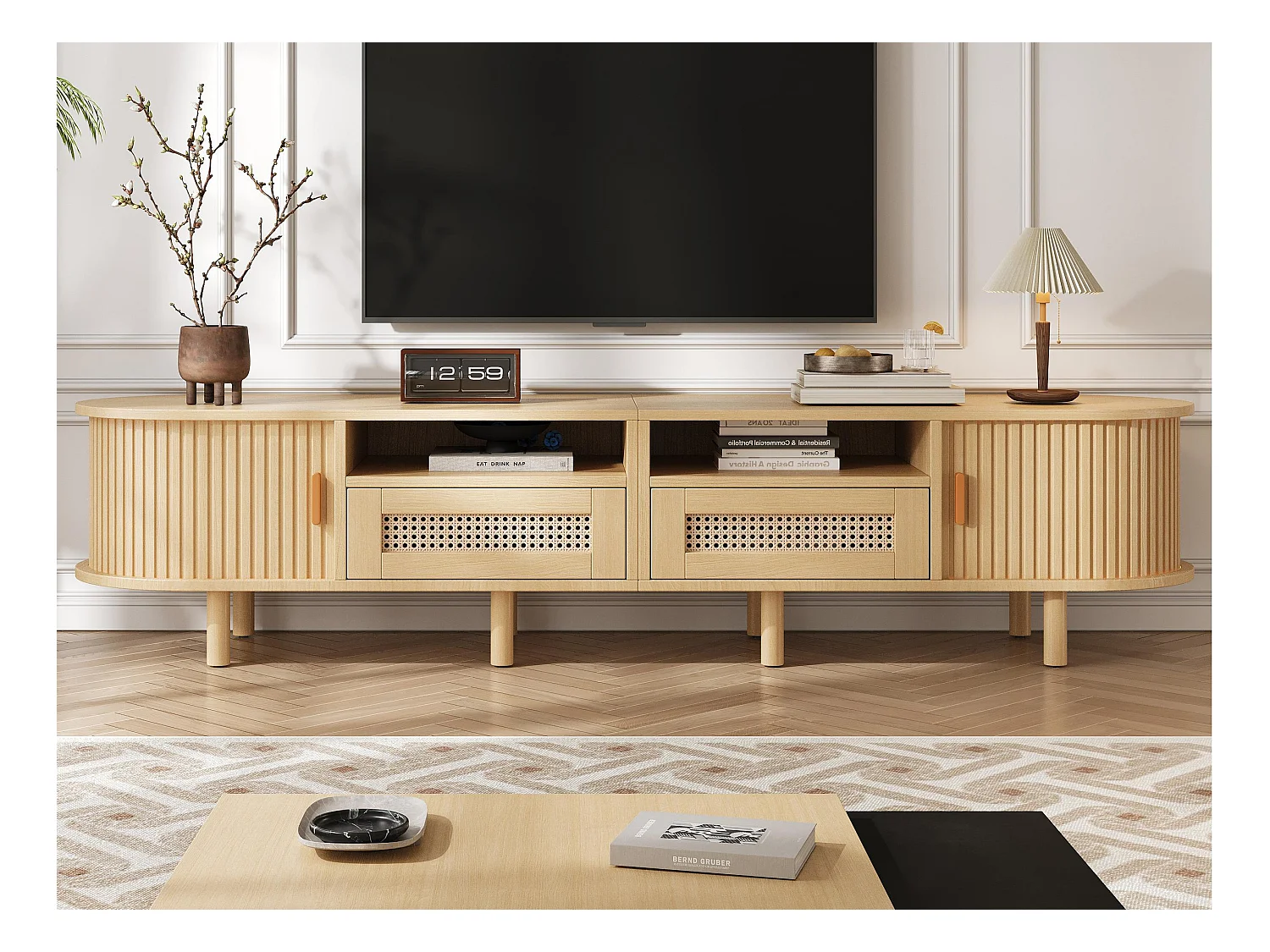 Meuble TV 170x40x40cm - avec 2 tiroirs en rotin - 2 portes coulissantes - MDF - Naturel