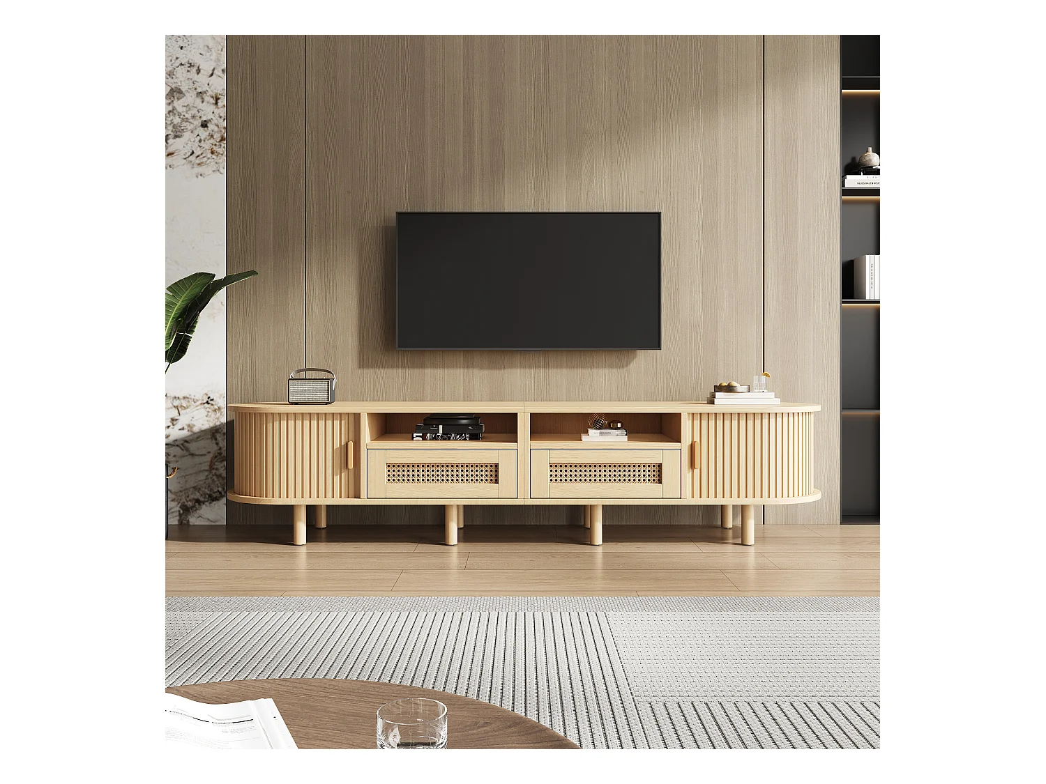 Meuble TV 170x40x40cm - avec 2 tiroirs en rotin - 2 portes coulissantes - MDF - Naturel