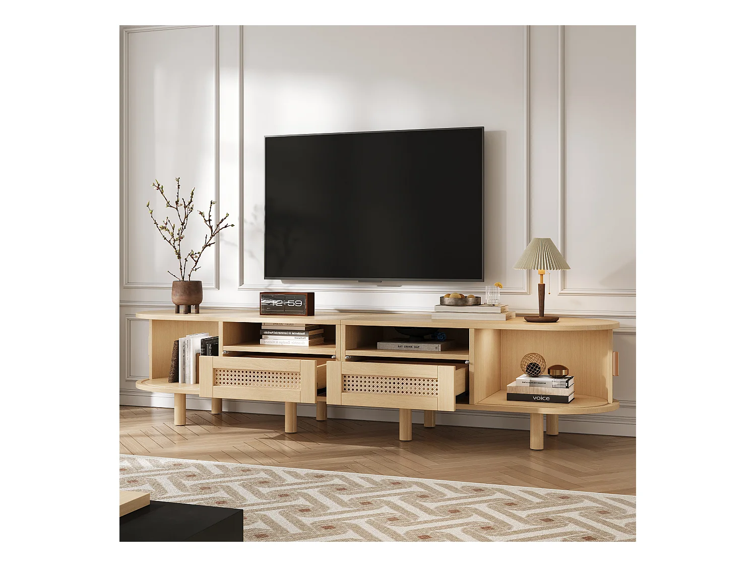 Meuble TV 170x40x40cm - avec 2 tiroirs en rotin - 2 portes coulissantes - MDF - Naturel