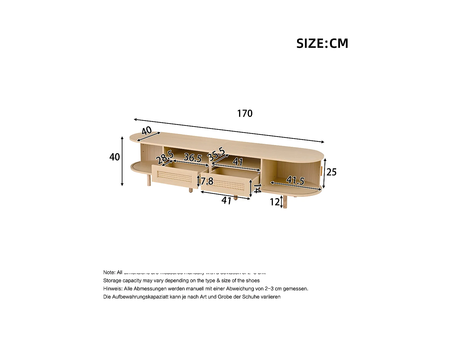 Meuble TV 170x40x40cm - avec 2 tiroirs en rotin - 2 portes coulissantes - MDF - Naturel